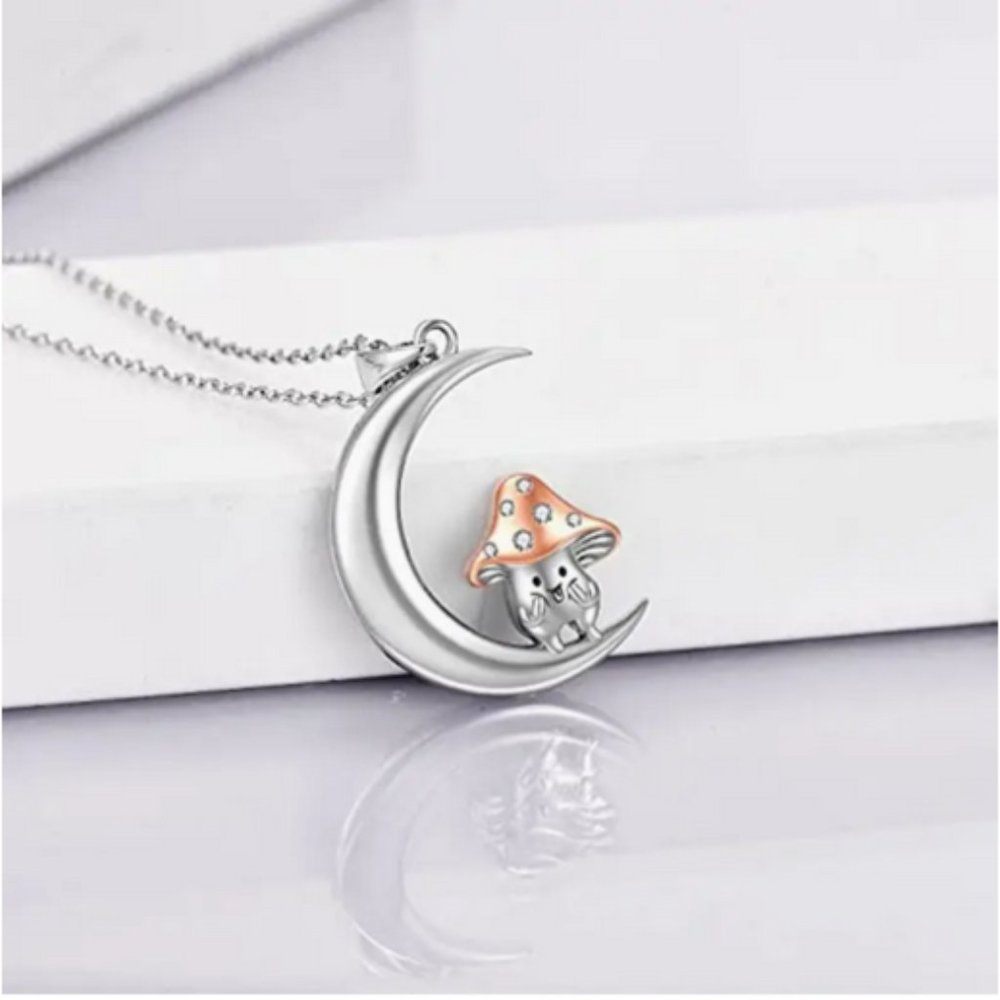 Cute Cresent Moon Mushroom Guy Silver Necklace